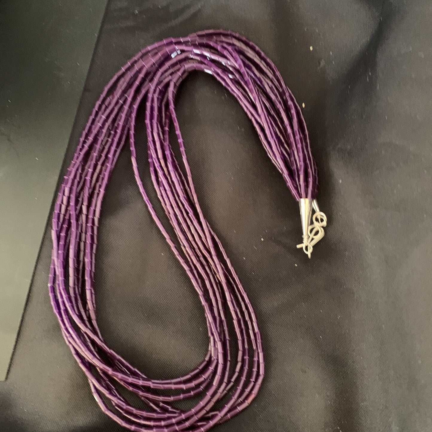 Purple Stone Sterling 10 Strand Stabilized Tube Heishi Necklace 24" 13420