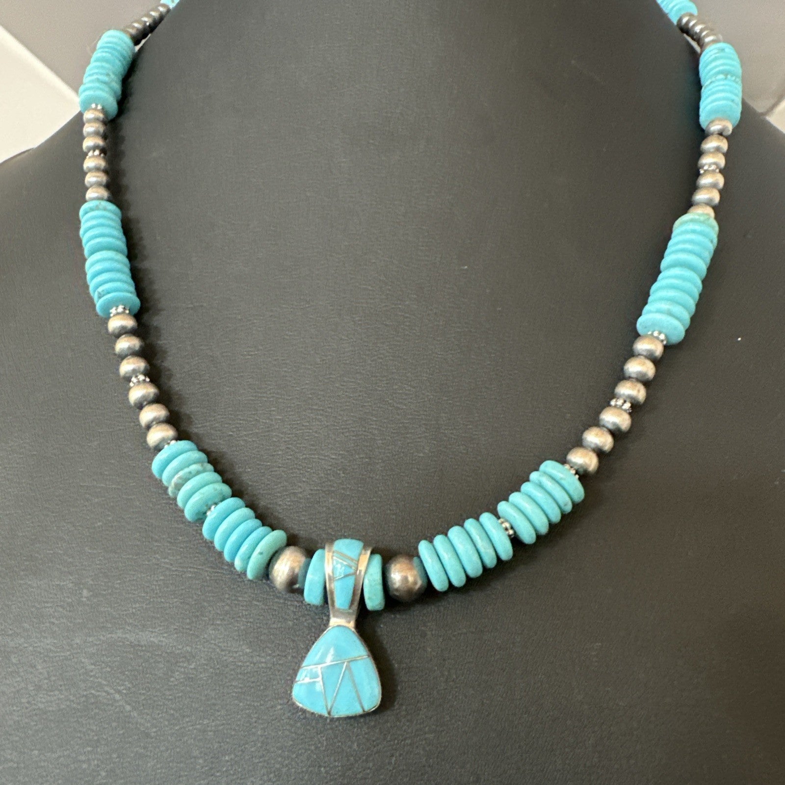 Blue Turquoise Inlay Pendant Navajo Sterling Silver Necklace 19513