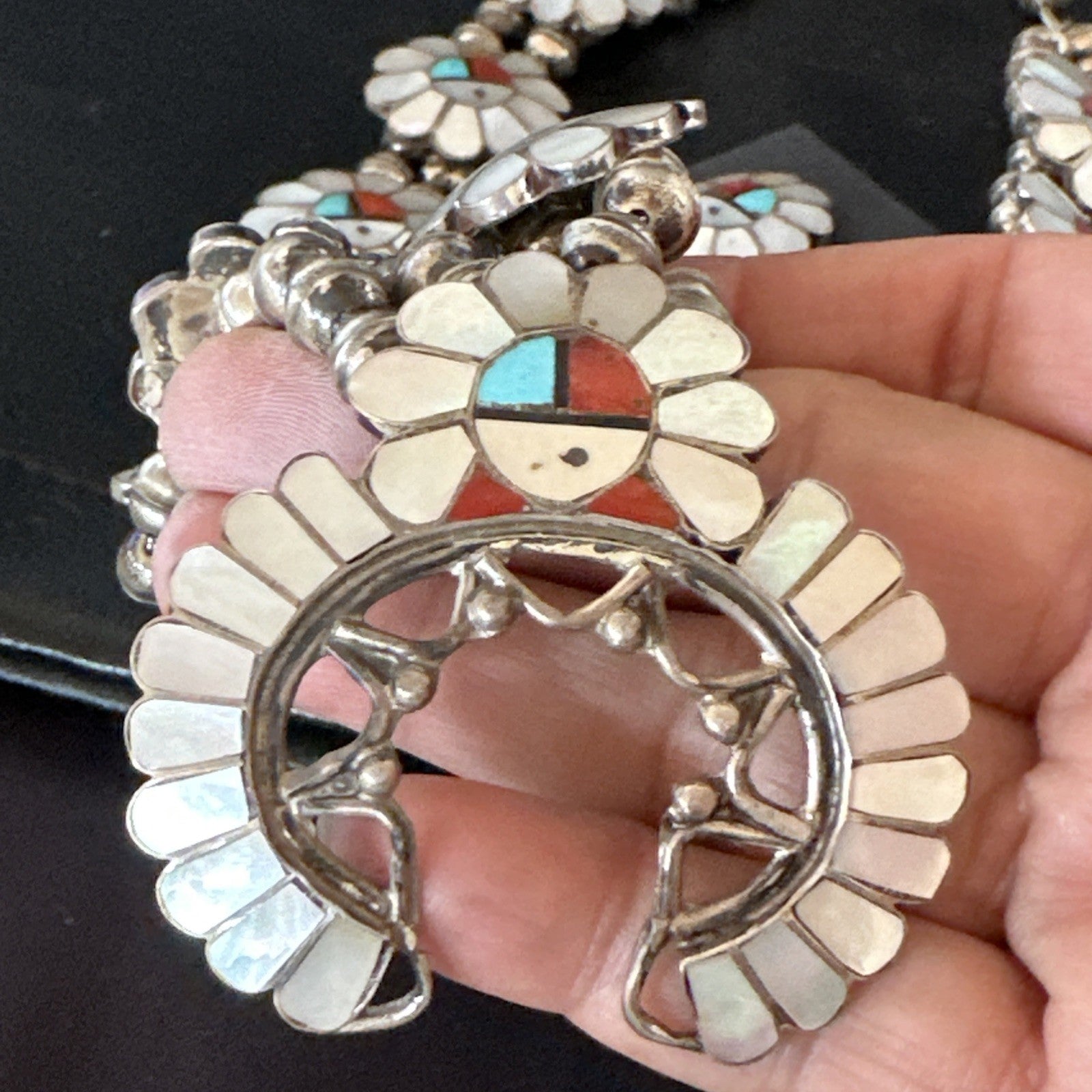 Old Pawn Sunface Turquoise Zuni Sterling Silver Squash Necklace Earrings 19085