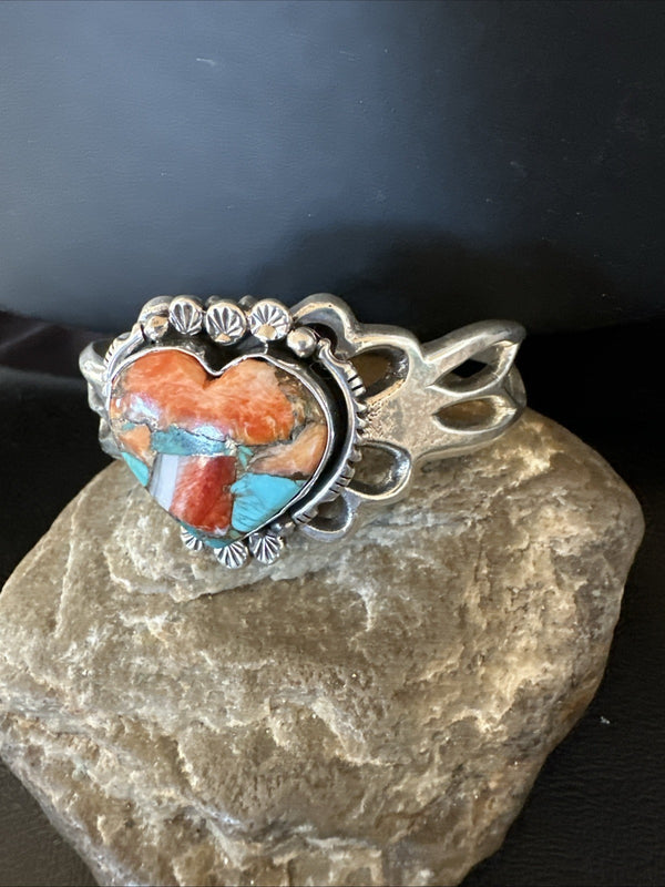 Women's Tufa Heart Spiny Turquoise Navajo Silver Cuff Bracelet 7.6" | Authentic Native American Handmade | 19457