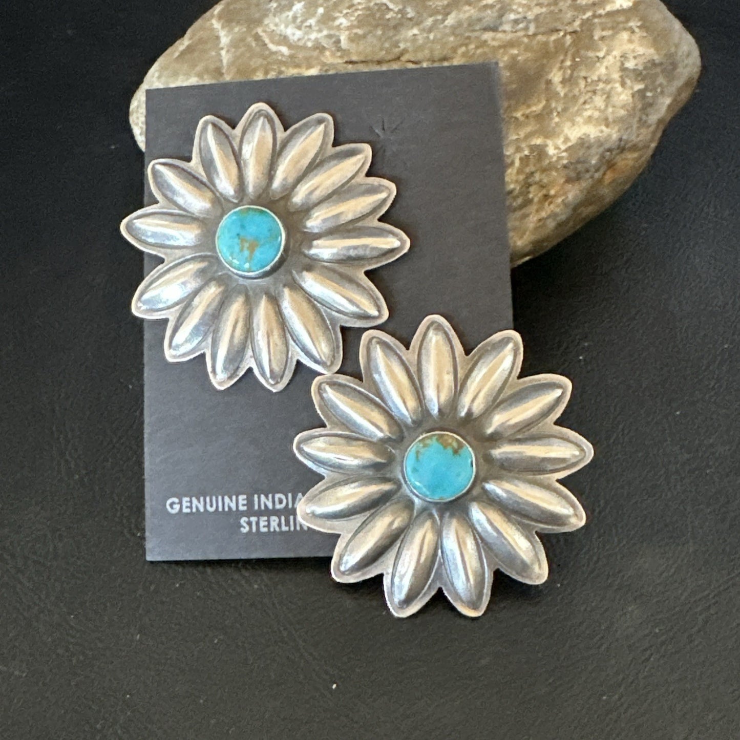 Navajo Blue Turquoise Sterling Silver Stamped Flower Earrings 19083