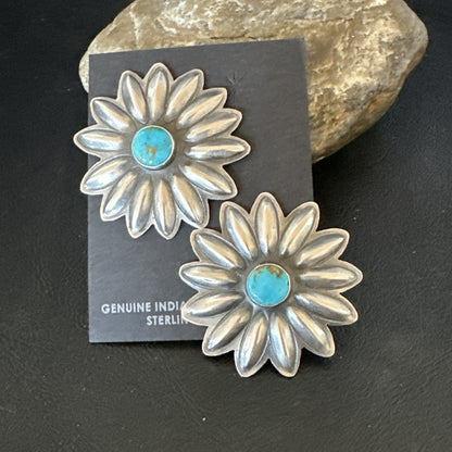Navajo Blue Turquoise Sterling Silver Stamped Flower Earrings 19083