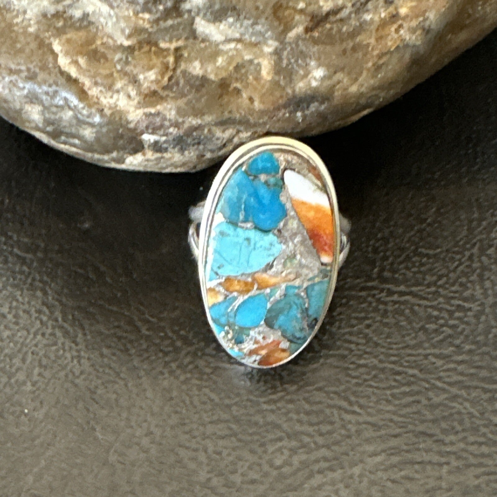 Blue Turquoise Spiny Oyster Southwestern Sterling Silver Ring Size 7 18444