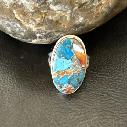 Blue Turquoise Spiny Oyster Southwestern Sterling Silver Ring Size 7 18444