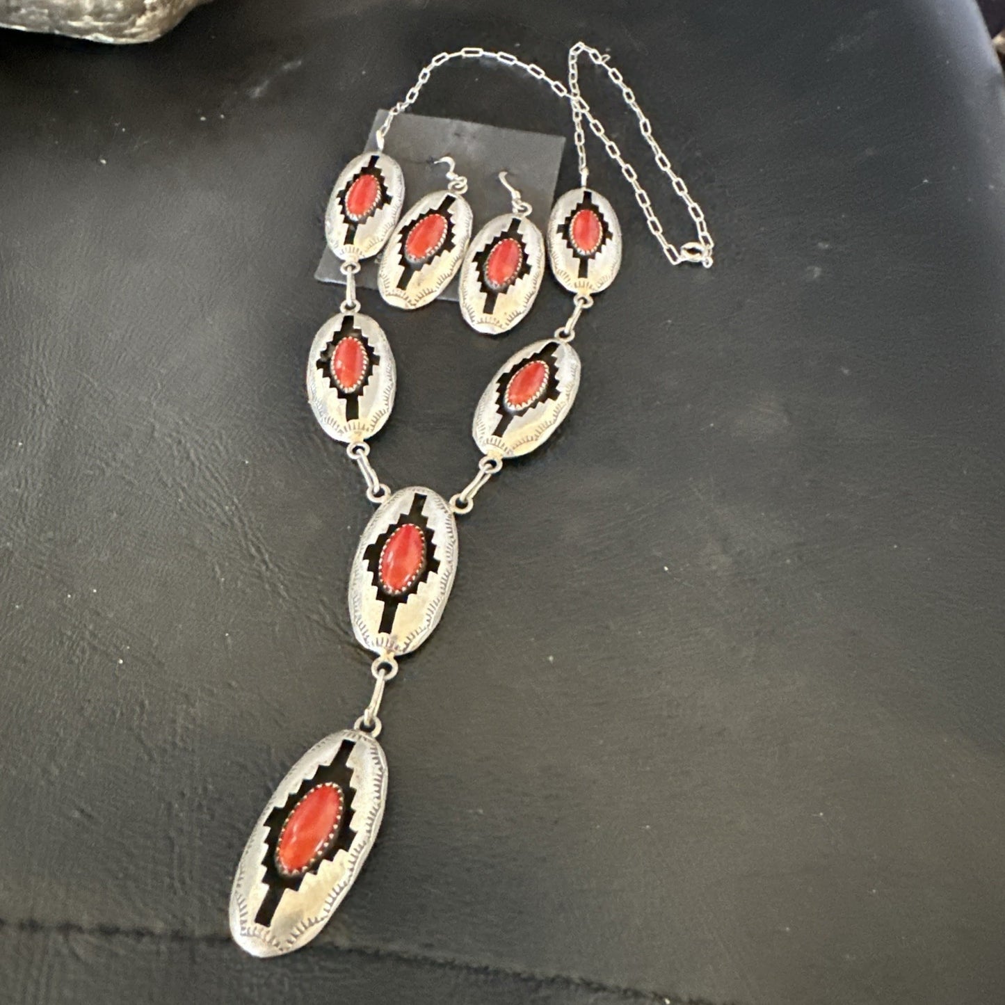Old Native Navajo Red Coral Sterling Silver Shadowbox Necklace Earrings 18”19101