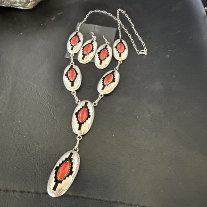 Old Native Navajo Red Coral Sterling Silver Shadowbox Necklace Earrings 18”19101