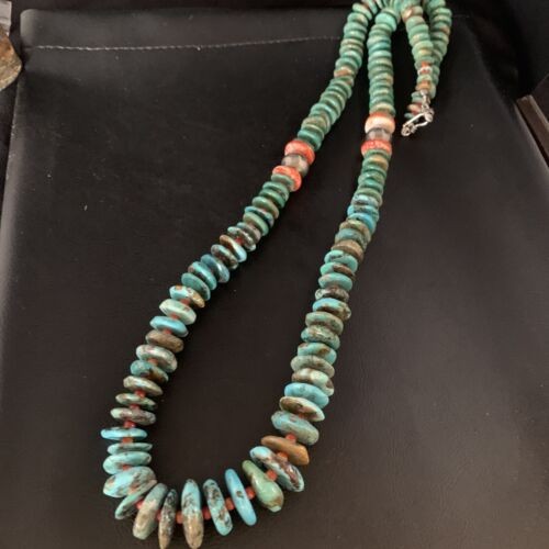 Navajo Graduated Blue Green Turquoise Spiny Necklace Sterling 33" 13569