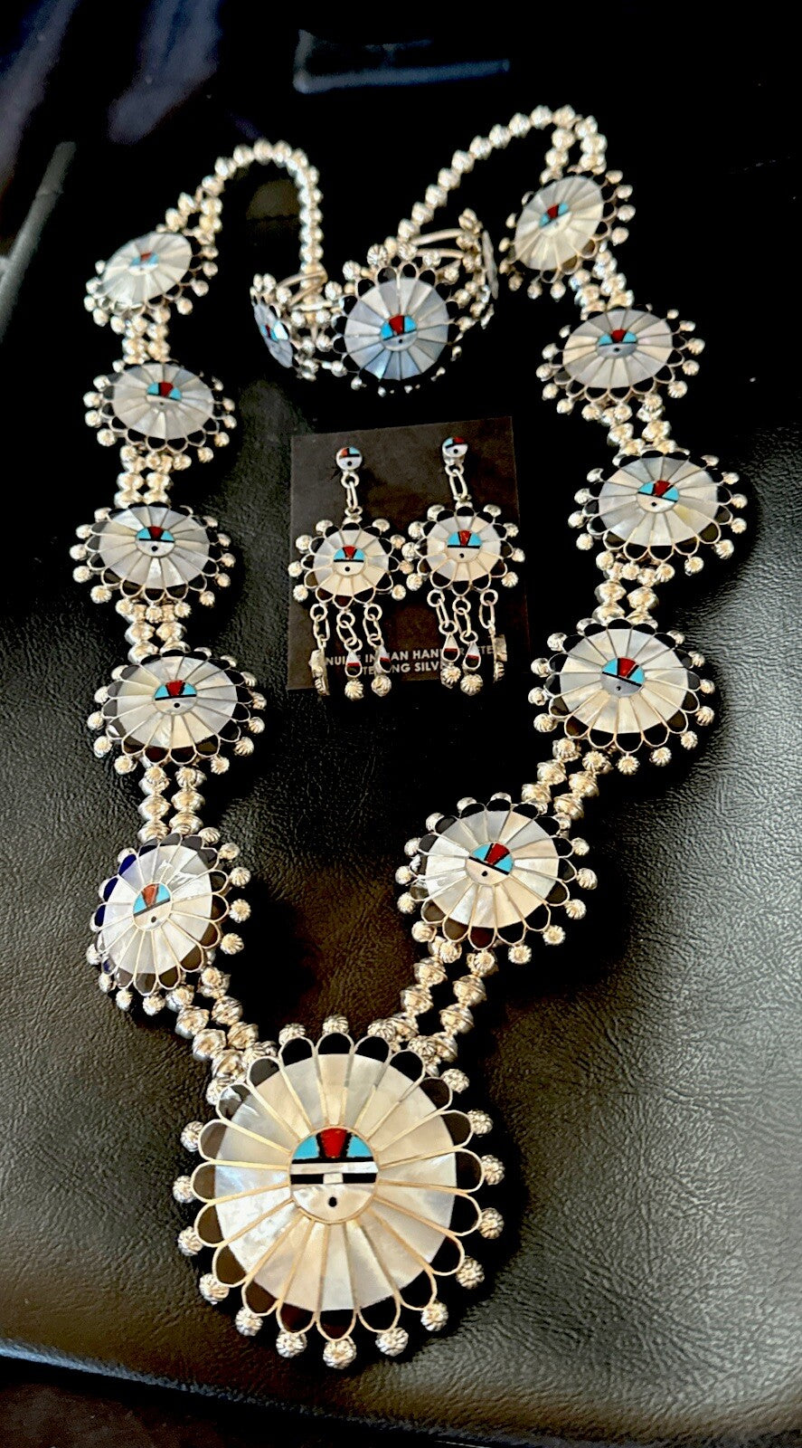 Sunface Onyx Turquoise MOP Zuni Sterling Silver Squash Necklace Bracelet 18148