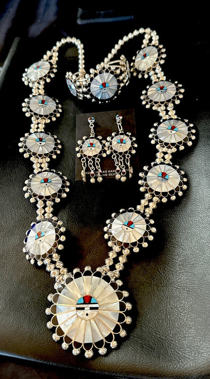 Sunface Onyx Turquoise MOP Zuni Sterling Silver Squash Necklace Bracelet 18148