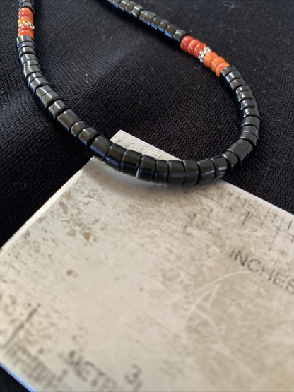 Mens Spiny Oyster Black Onyx Heishi Navajo Pearls Sterling Silver Necklace 01391