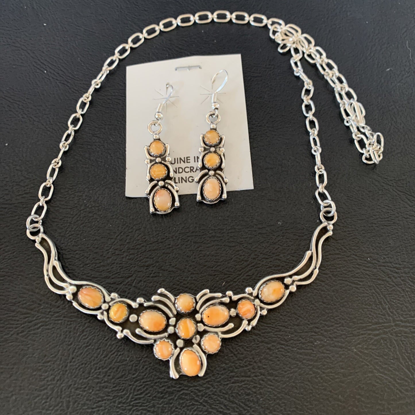 Orange Spiny Oyster Navajo Sterling Silver Necklace & Earrings 02102