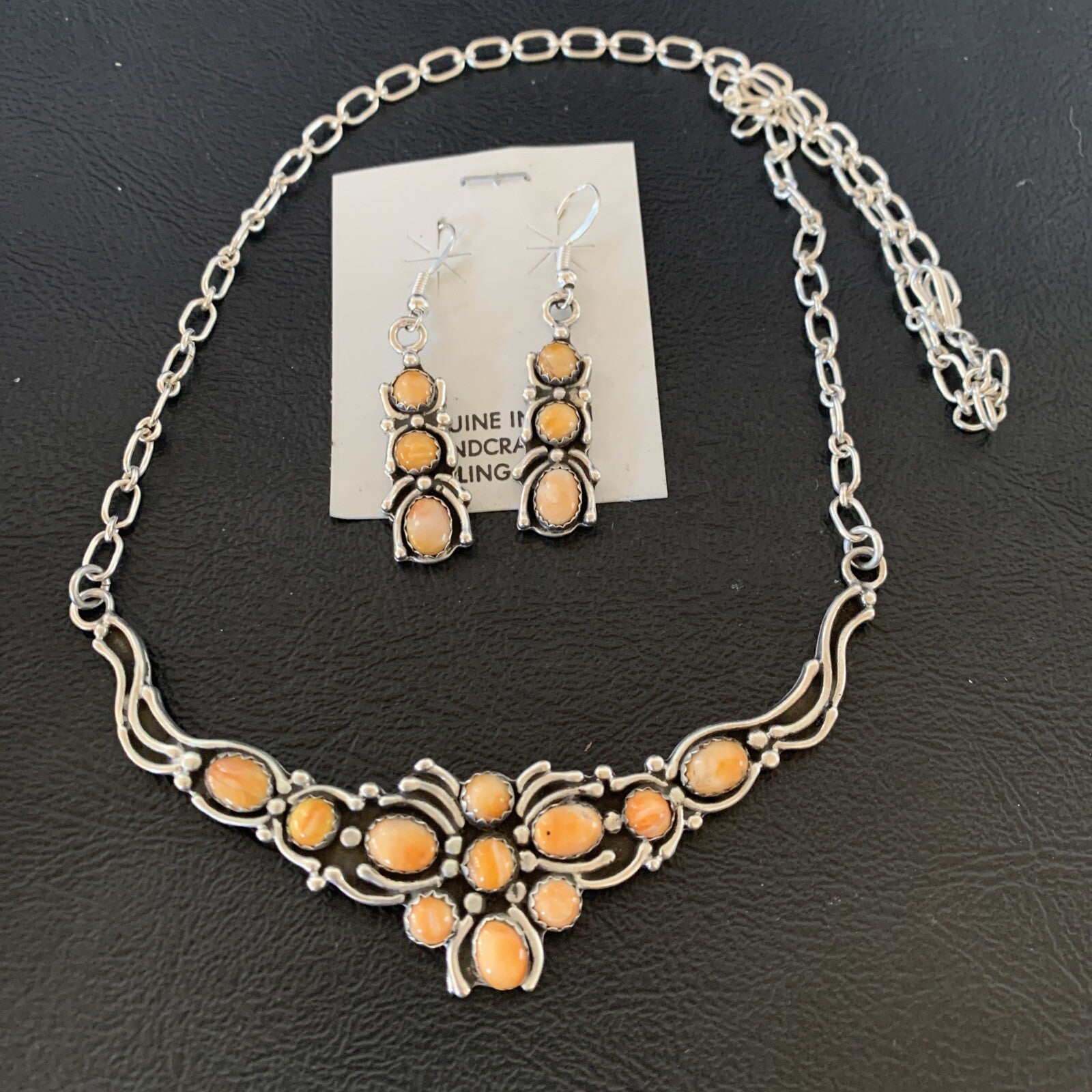 Orange Spiny Oyster Navajo Sterling Silver Necklace & Earrings 02102