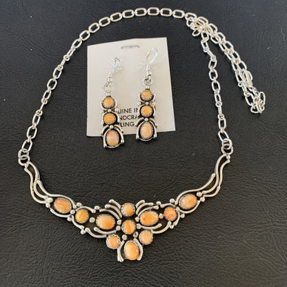 Orange Spiny Oyster Navajo Sterling Silver Necklace & Earrings 02102