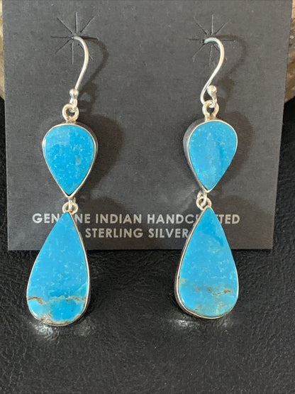 Blue Kingman Turquoise Navajo Sterling Silver Dangle Earrings 1.5" 14080