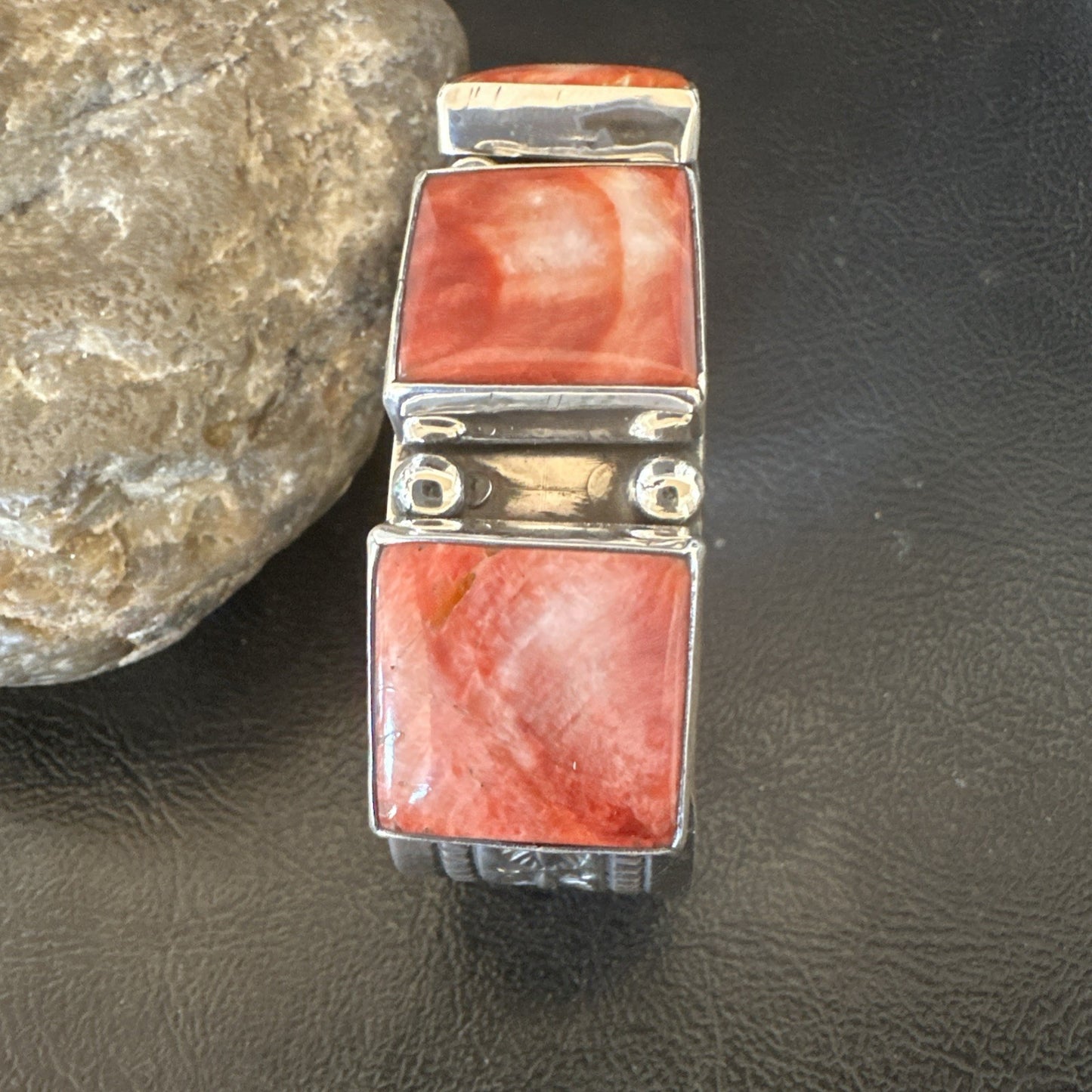 Red Spiny 3 Stone Sterling Silver Navajo Cuff Bracelet 7.7" 19488