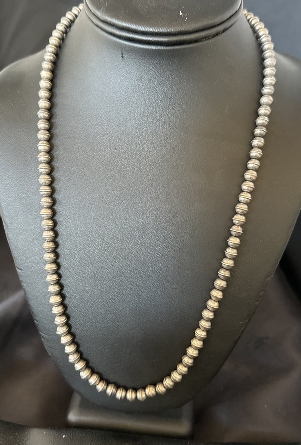 6mm Hand Stamped Bench Navajo Pearls Bead Necklace 23" | Sterling Silver | Authentic Native American Handmade | 90223