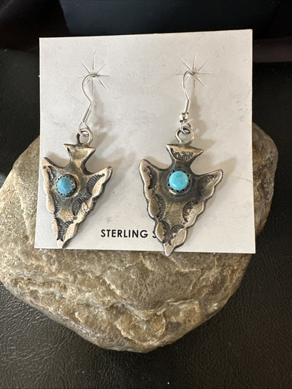 Arrowhead Womens Stamped Blue Turquoise Dangle Earrings Sterling Silver 19786