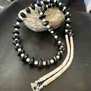NAVAJO Black Onyx Pink Shell Silver Necklace 34" | Sterling Silver | Authentic Native American Handmade | 19578