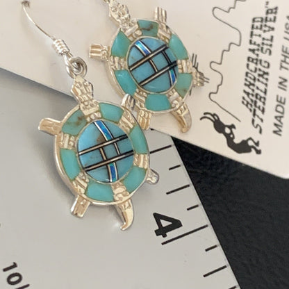 Turquoise & Opal Navajo Sterling Silver Inlay Turtle Earrings 0.5" 12015