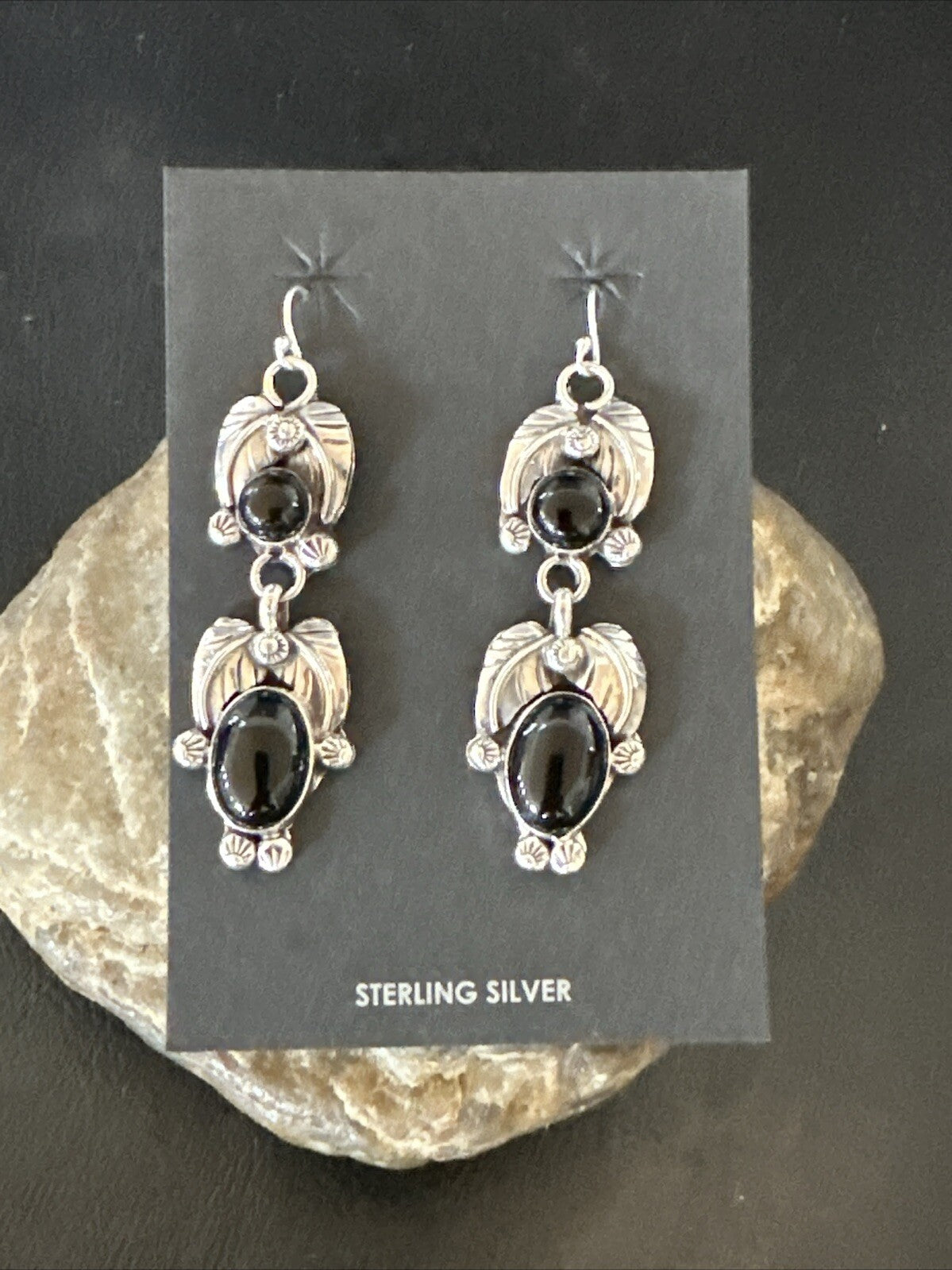 Black Onyx Navajo Sterling Silver Dangle Earrings 1.5" 18285