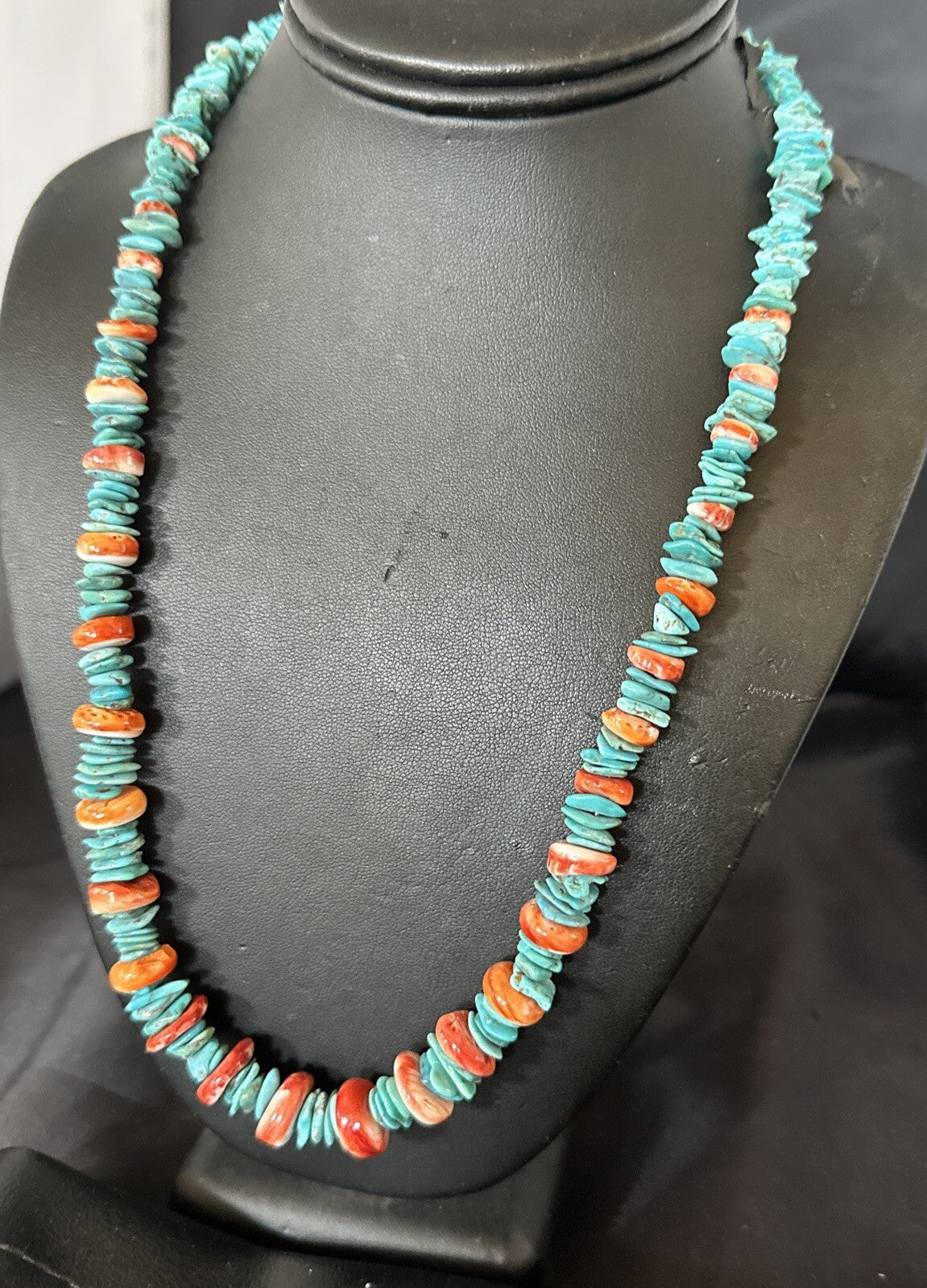 Red Spiny Oyster Blue Turquoise Navajo Sterling Silver Necklace 23" 18267