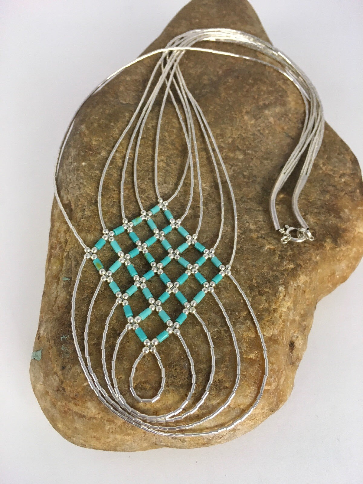 Turquoise Heishi Tubes Pendant 5 Strands Liquid Sterling Silver Necklace 0888