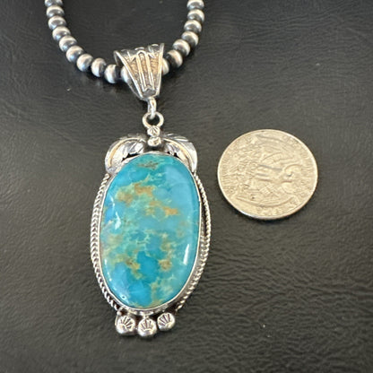Mens Blue Kingman Turquoise Pendant Navajo Pearls Sterling Silver Necklace 19344