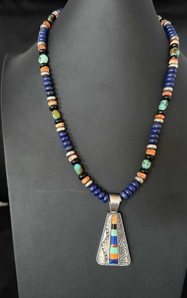 Multicolor Inlay Lapis Pendant Navajo Sterling Silver Necklace 22” 19467
