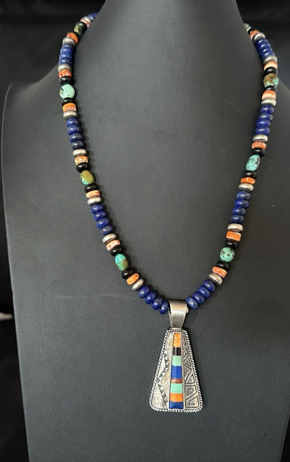 Multicolor Inlay Lapis Pendant Navajo Sterling Silver Necklace 22” 19467