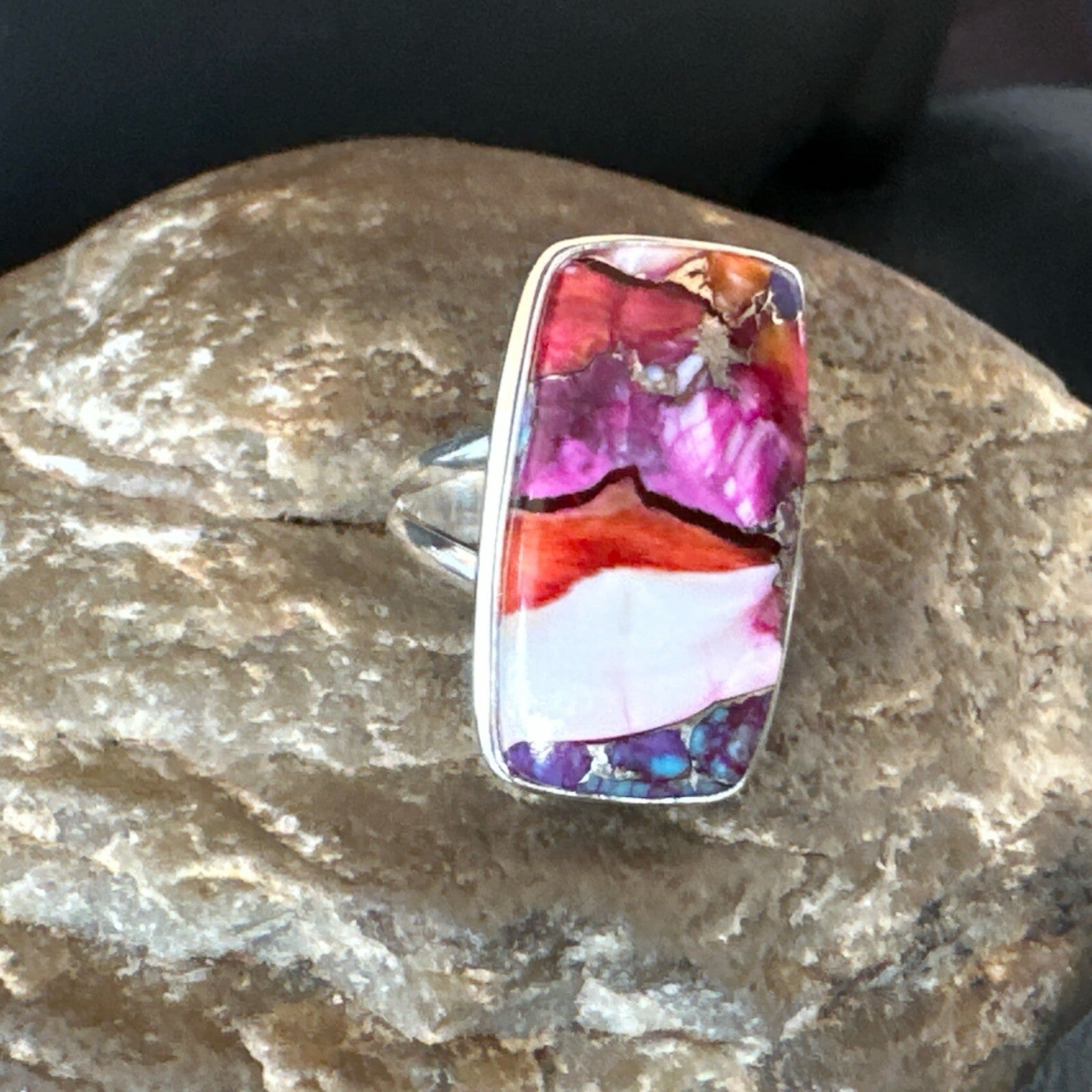 Blue Turquoise Spiny Oyster Southwestern Sterling Silver Ring Size 9 18542