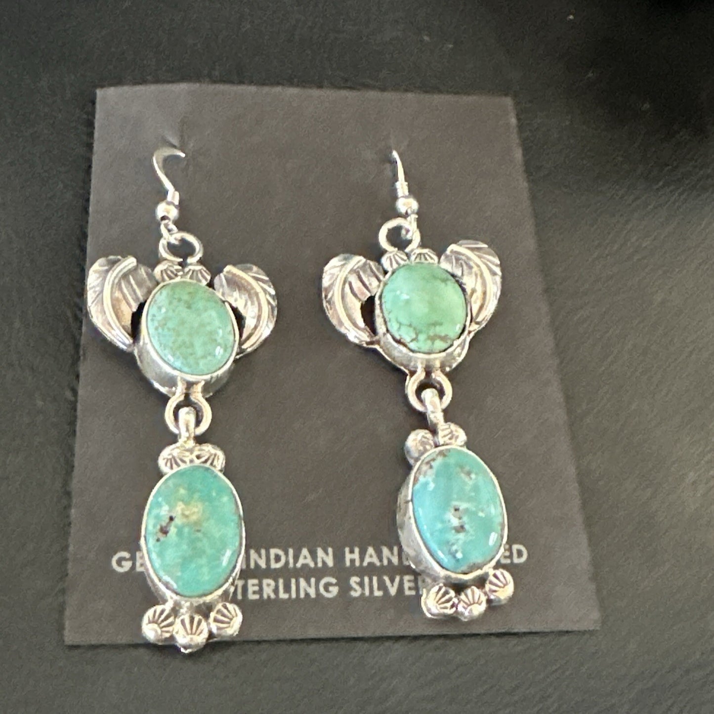 Navajo Green Turquoise Sterling Silver Dangle Earrings 2” 18044