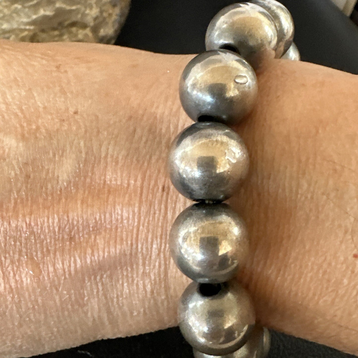 Navajo 12mm Beads Stretch Sterling Silver Bracelet 7" 91202