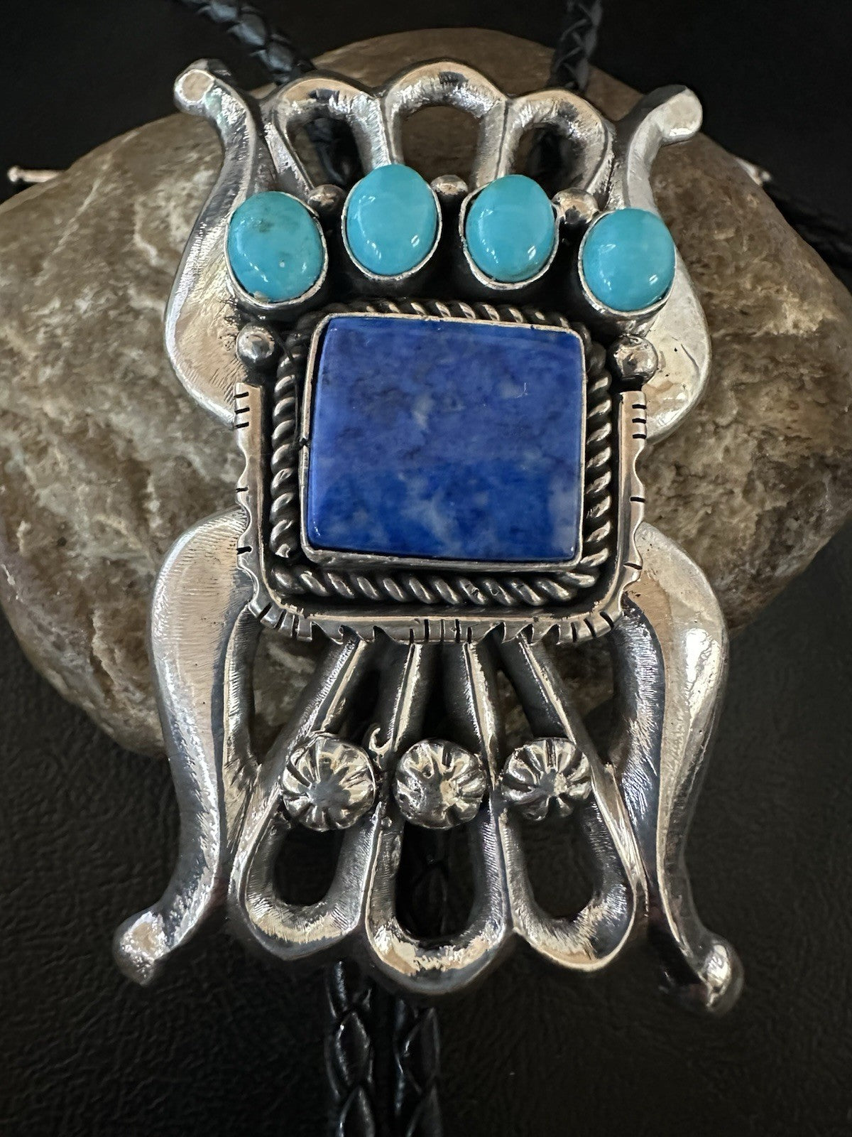 Mens Tufa Blue Lapis Lazuli Turquoise Navajo Sterling Silver Bolo Tie 3” 19472