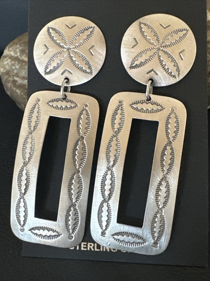 Popular Navajo Stamped Sterling Silver Stamped Handmade Earrings Set 2.75" 17858
