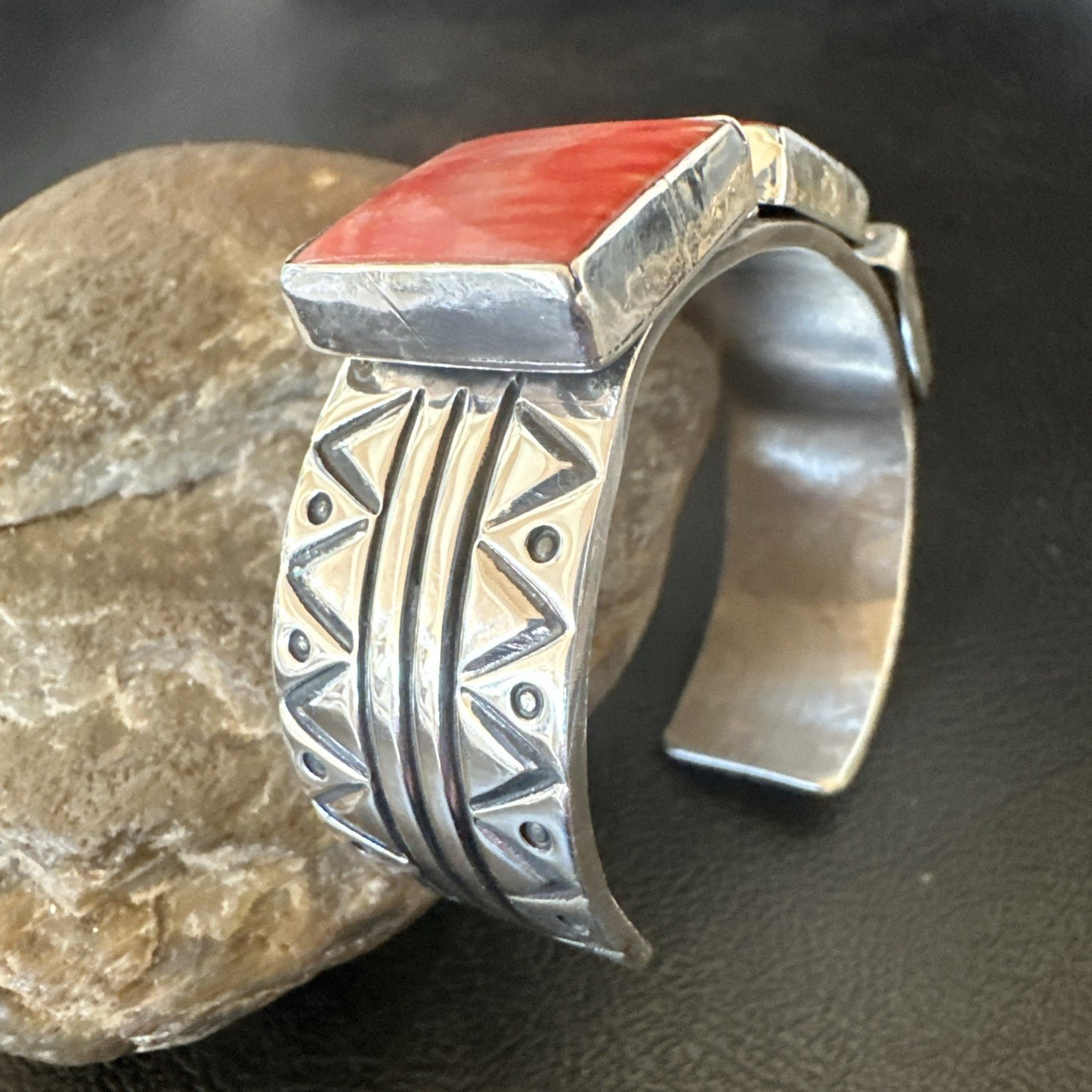 Red Spiny 3 Stone Sterling Silver Navajo Cuff Bracelet 7.7" 19487