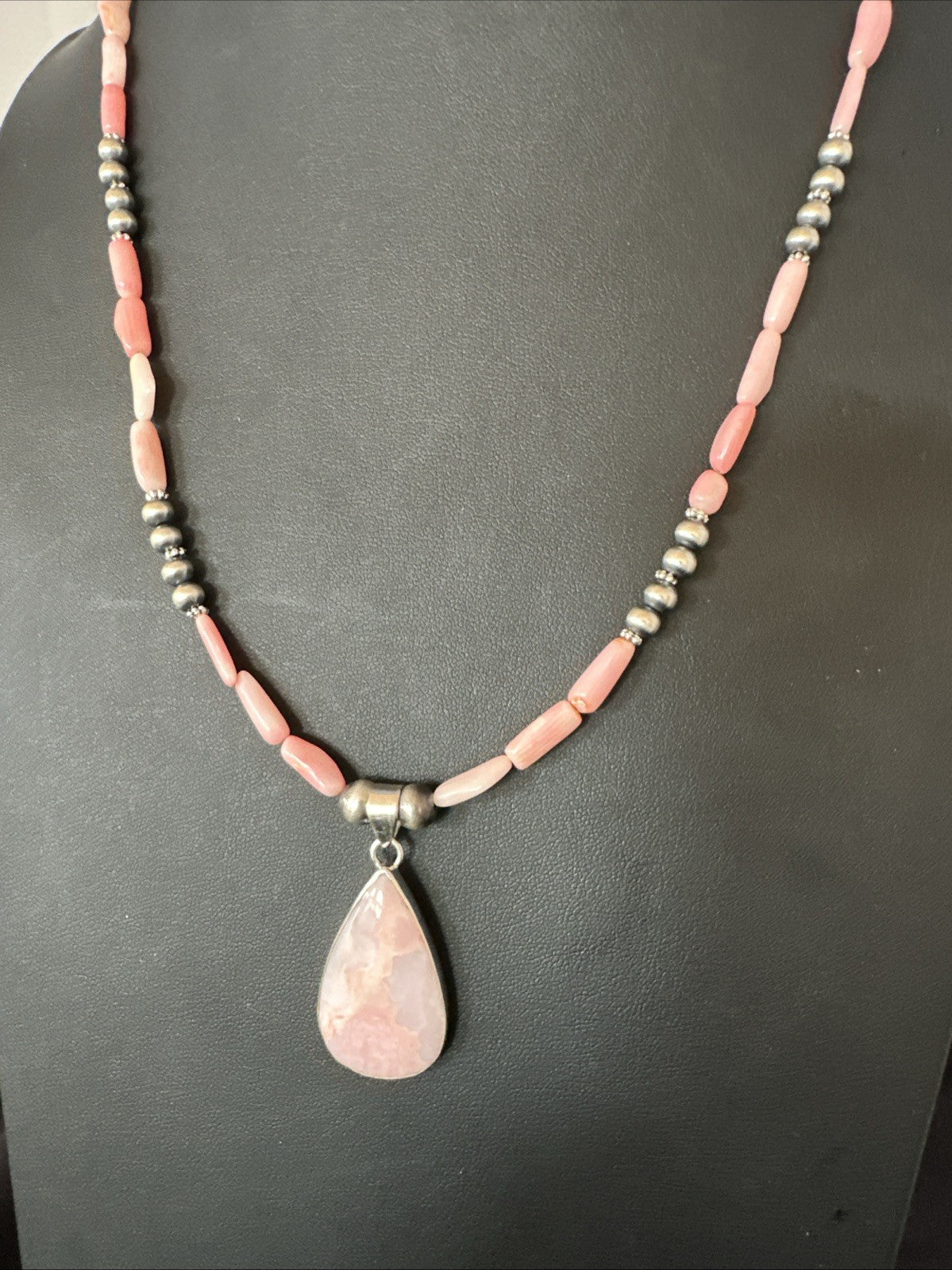 Southwestern Sterling Silver Pink Coral Bead Necklace Quartz Pendant 24" 19587
