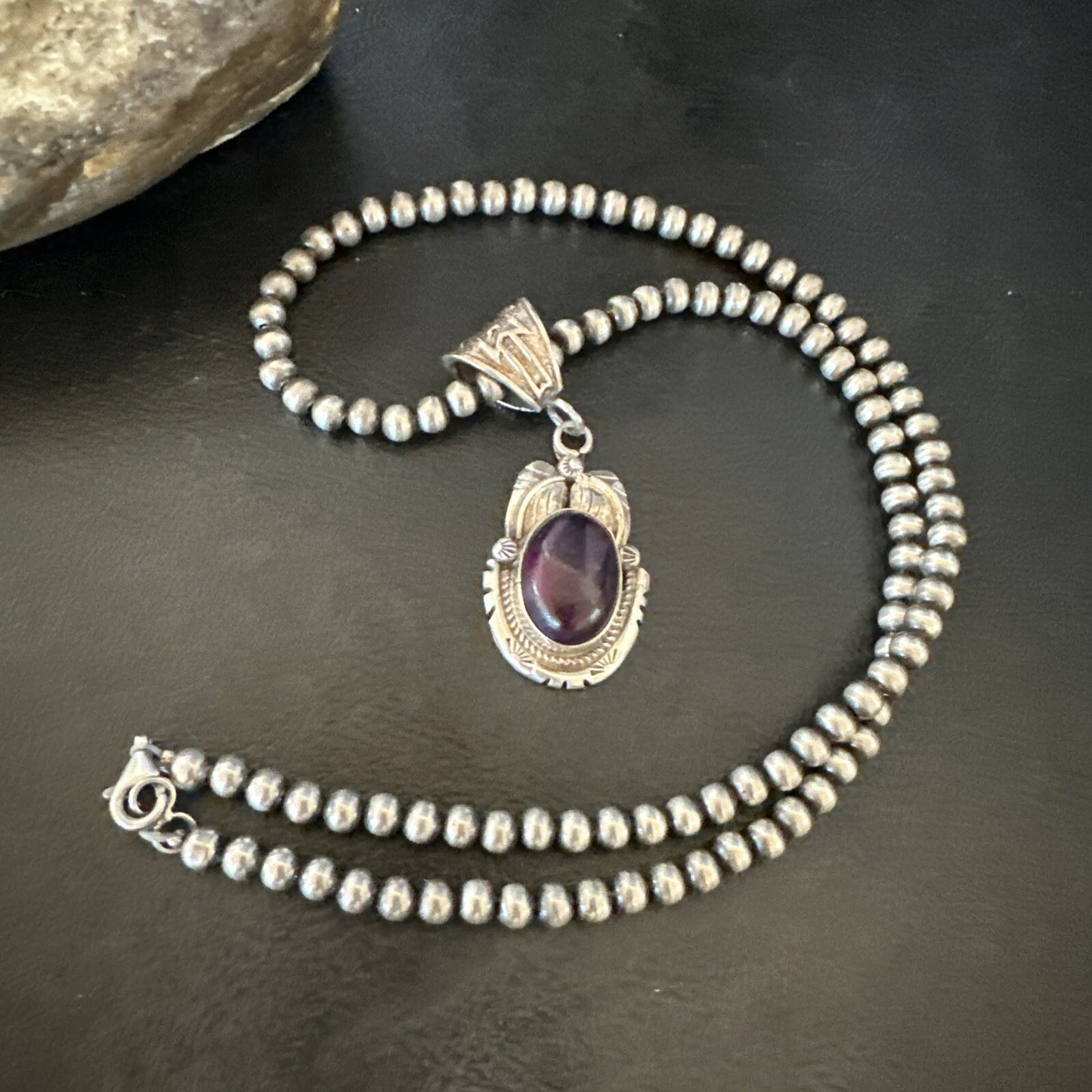 Purple Stone Pendant Navajo Pearls Sterling Silver Necklace 20” 18404