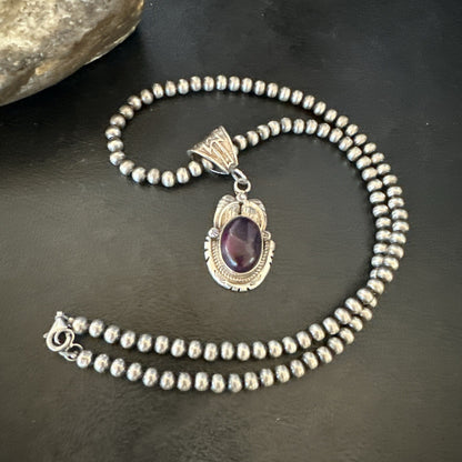 Purple Stone Pendant Navajo Pearls Sterling Silver Necklace 20” 18404