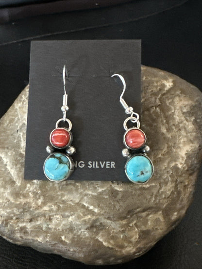 Handmade Blue Turquoise Red Coral Sterling Silver Navajo Dangle Earrings 18845