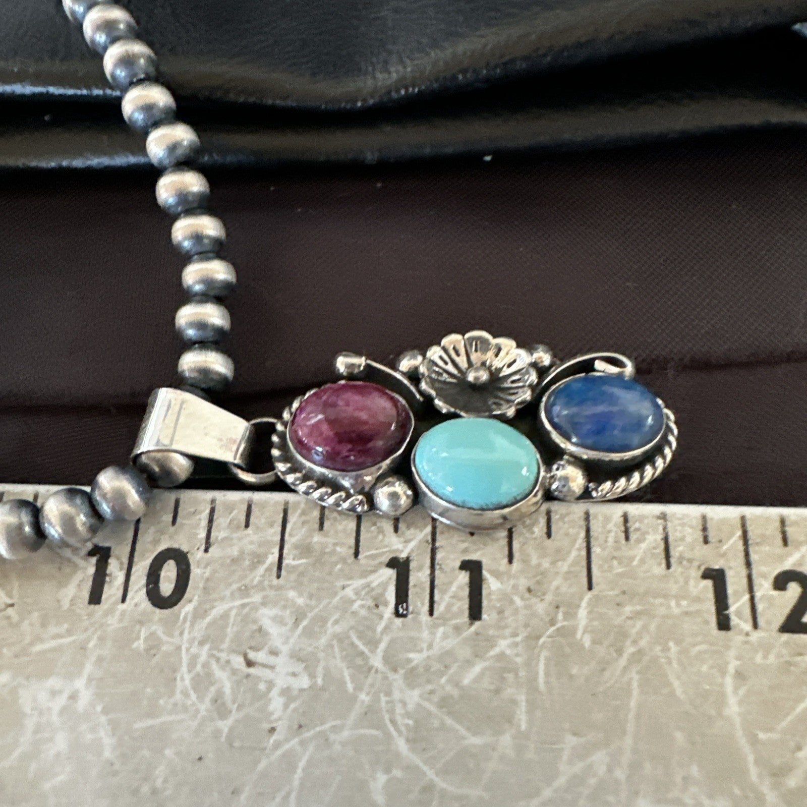 Multicolor Turquoise Lapis Navajo Sterling Silver Cluster Pendant Necklace 19246