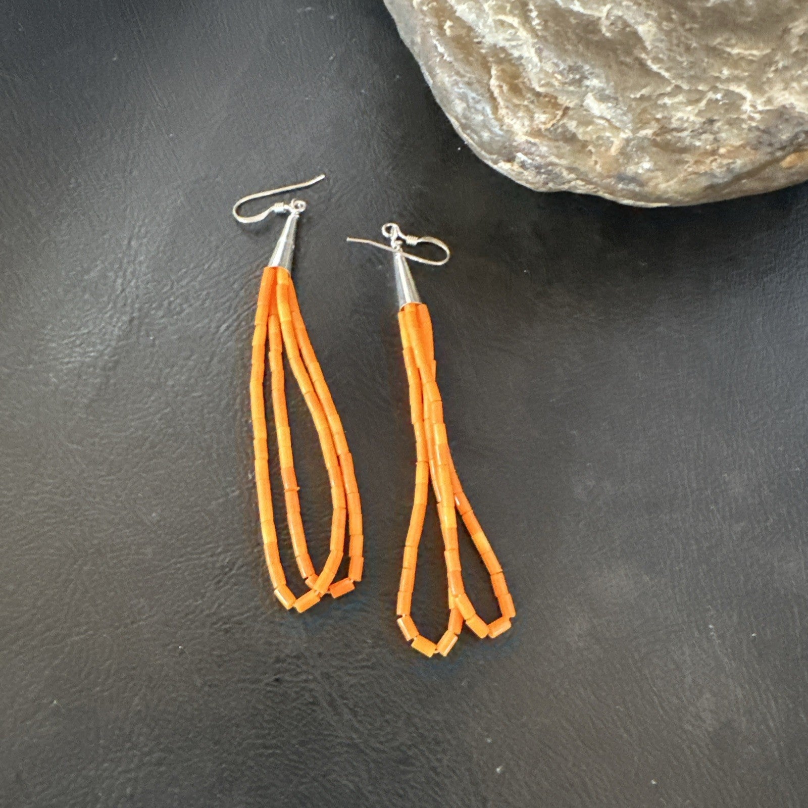 Orange Beads 2 Strands Heishi Liquid Sterling Silver Dangle Earrings 3” 19040