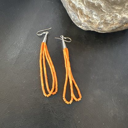 Orange Beads 2 Strands Heishi Liquid Sterling Silver Dangle Earrings 3” 19040