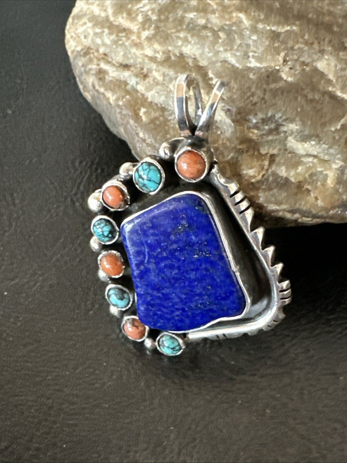 Blue Lapis Cluster Pendant Navajo Sterling Silver Beads Necklace 18754