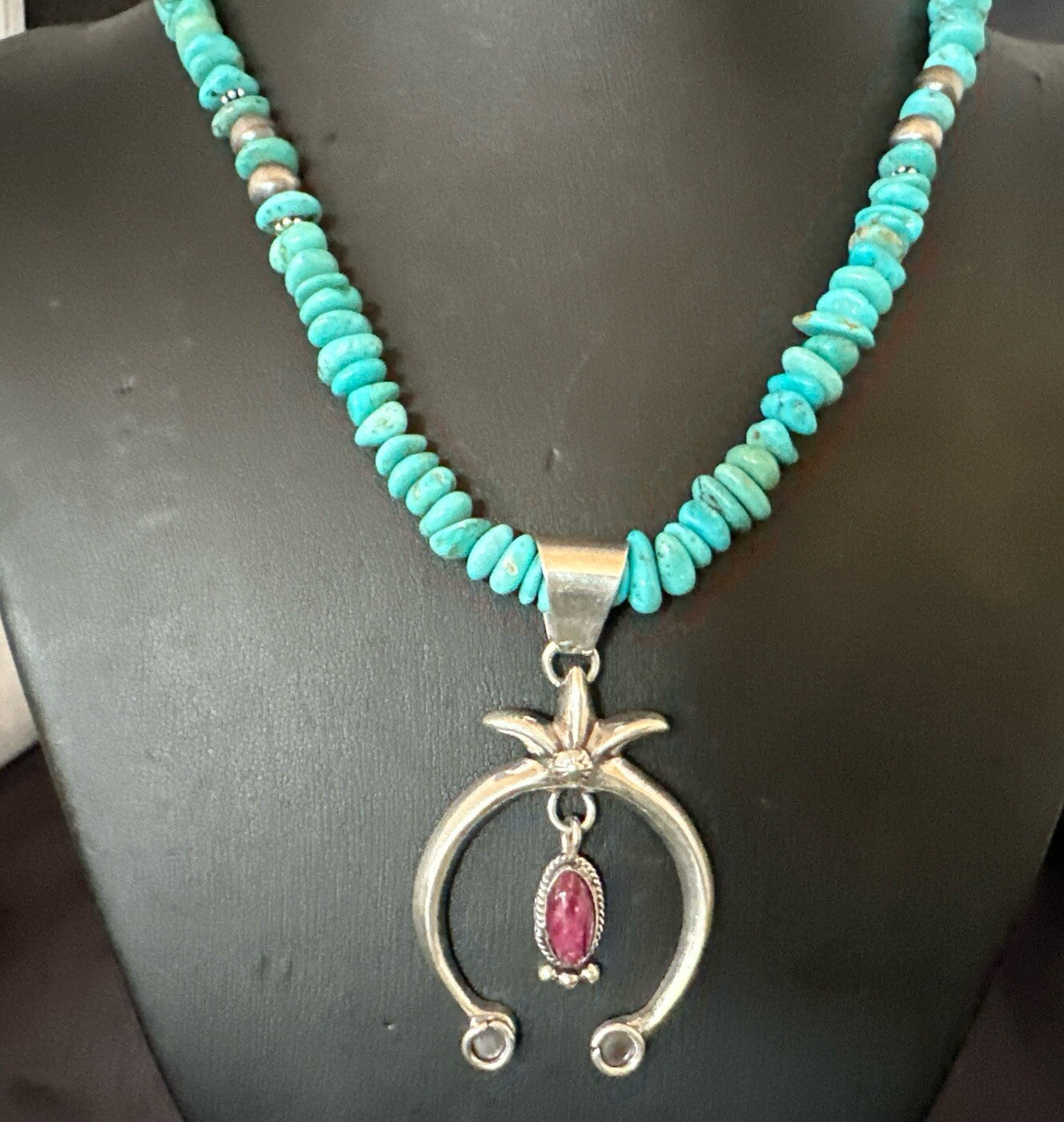 Mens Blue Turquoise Spiny Naja Pendant Navajo Sterling Silver Necklace 21” 17719