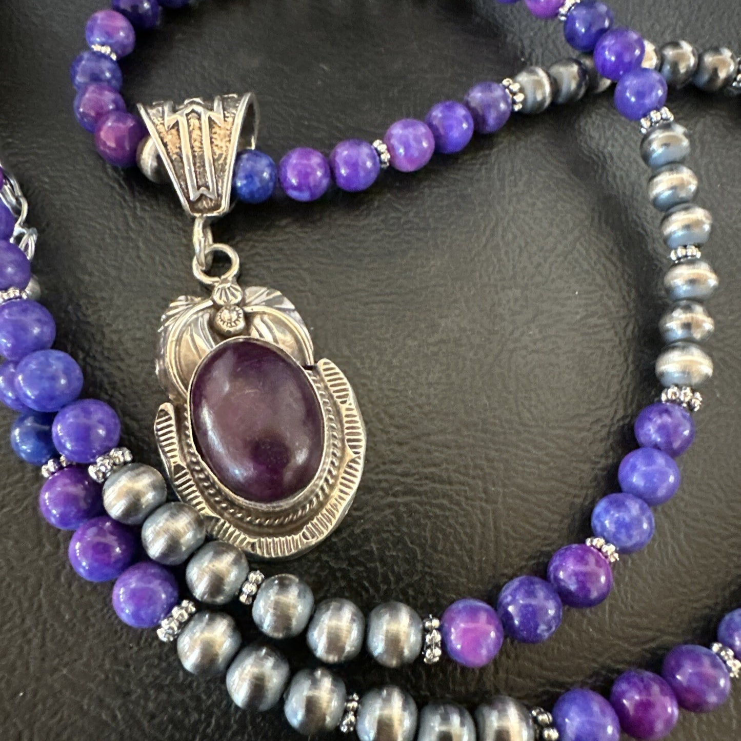 Purple Stone Pendant Navajo Pearls Sterling Silver Necklace 18386