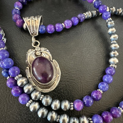 Purple Stone Pendant Navajo Pearls Sterling Silver Necklace 18386