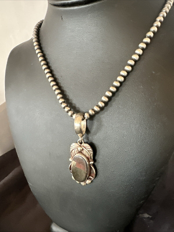 Pyrites Pendant Navajo Beads Necklace | Sterling Silver | Authentic Native American Handmade | 18643