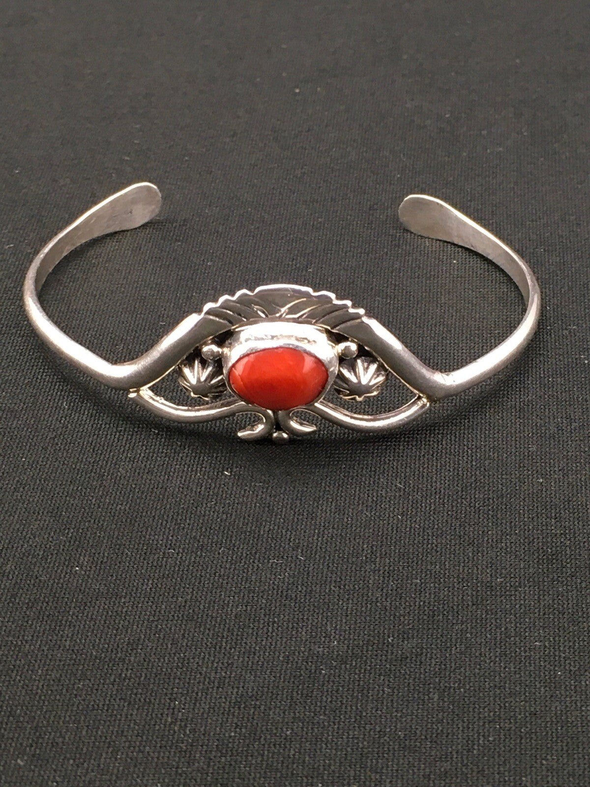 Native American Indian Coral Navajo Sterling Silver Cuff Bracelet 04747