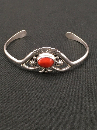 Native American Indian Coral Navajo Sterling Silver Cuff Bracelet 04747