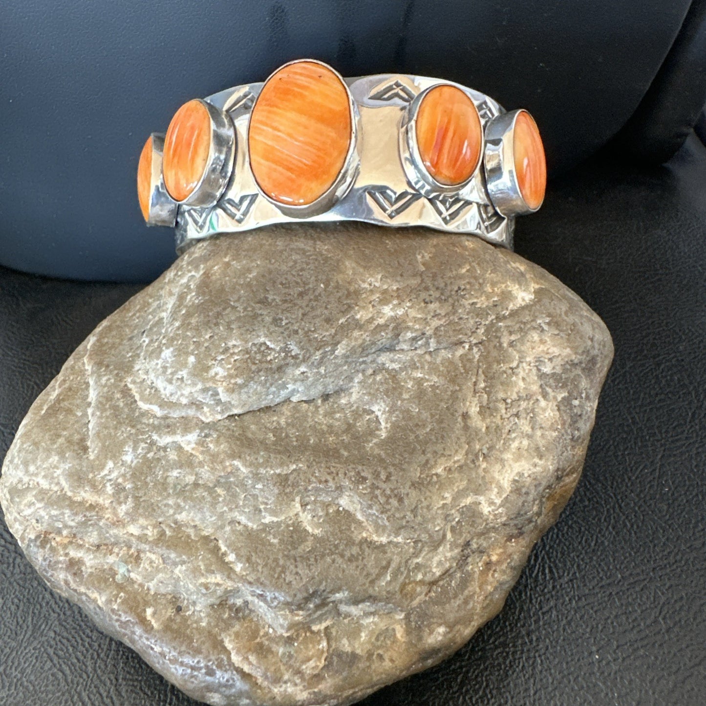 Orange Spiny Oyster 5 Stone Row Sterling Silver Navajo Cuff Bracelet 7.7" 19475
